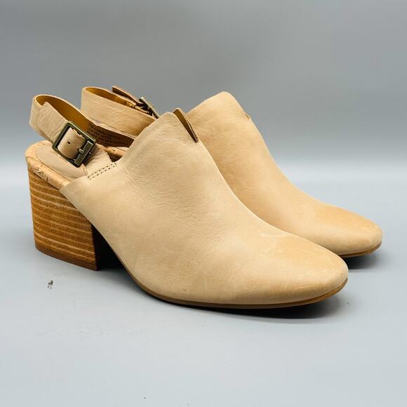 Korks Shoes Women 7 Beige Nude Leather Slingback Buckle Mules Block Heel Comfort - Picture 2 of 13